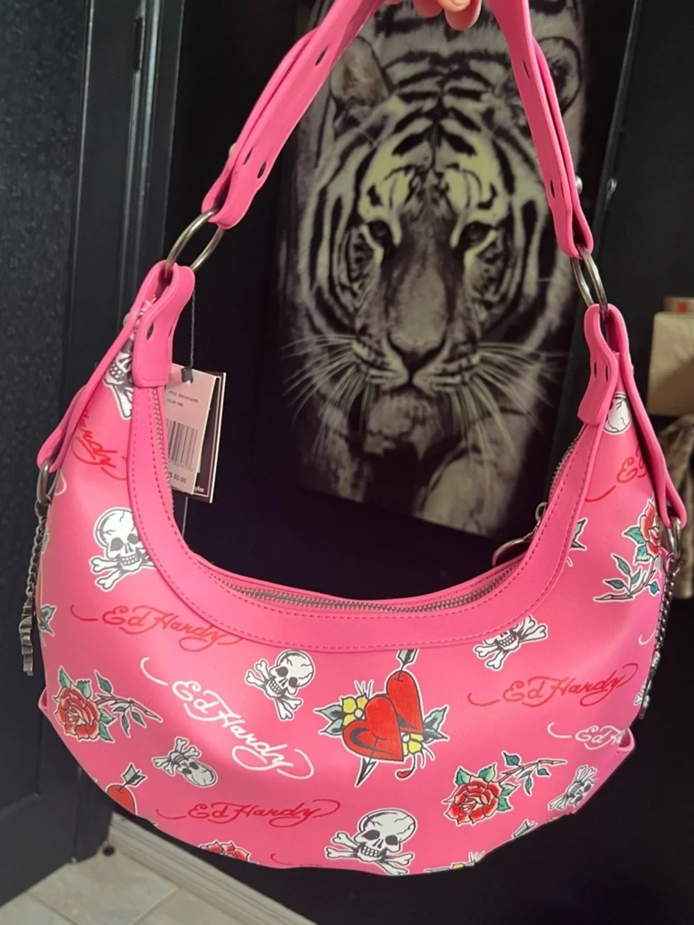 💕Ed Hardy Hot Pink Studded Skull & Rose Shoulder Bag-NWT💕